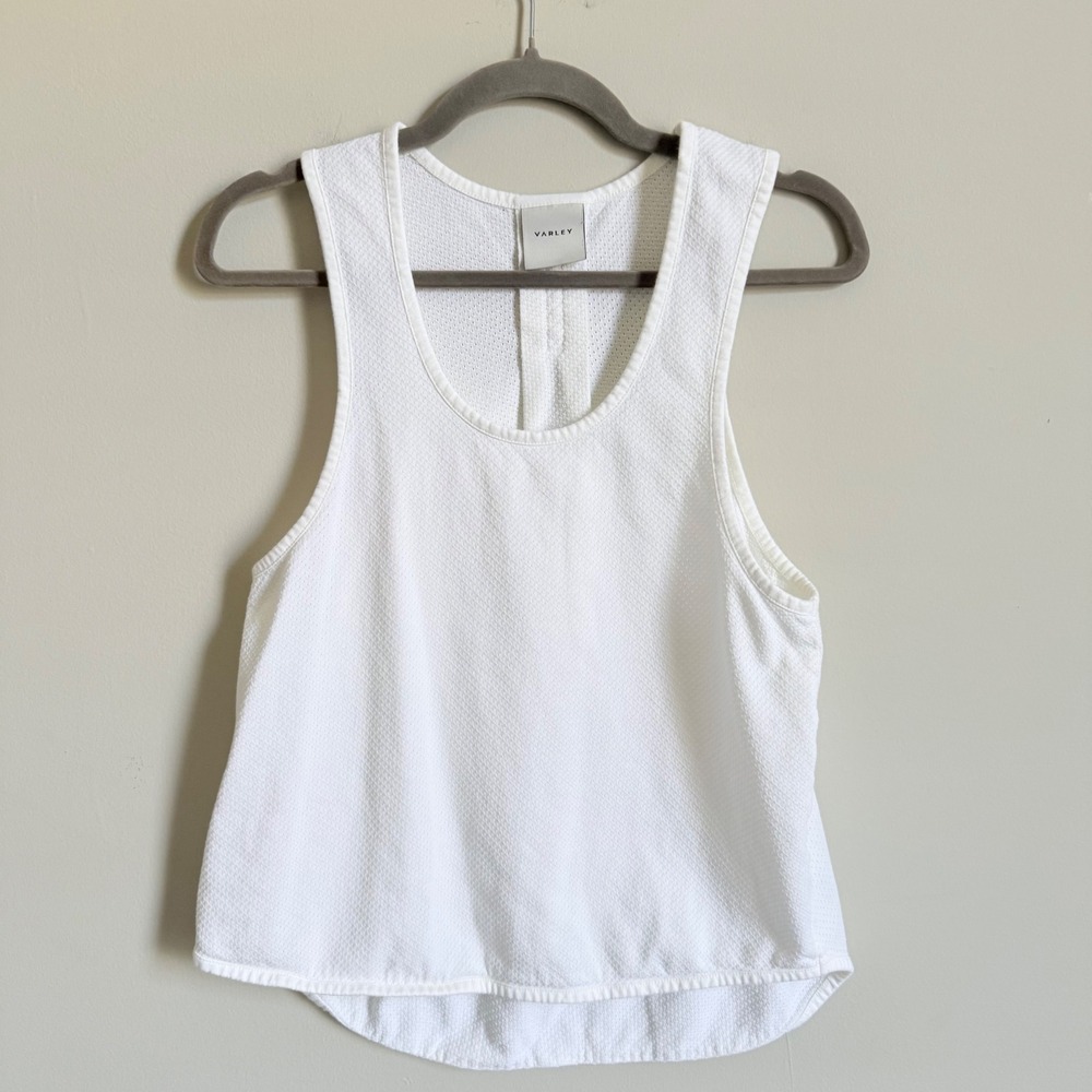 Varley Arlee Tank Top White Textured Cotton Mesh Pleated Back Sleeveless Small